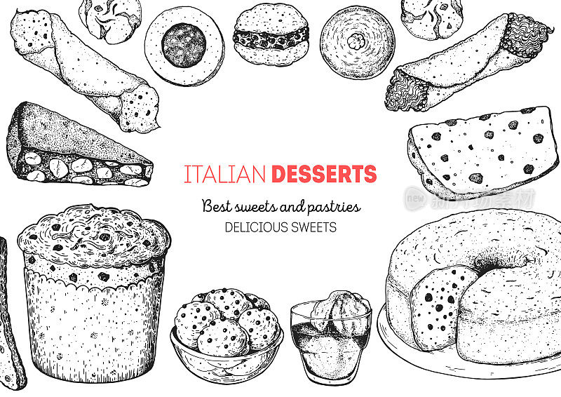 意大利甜点矢量插图。意大利甜手绘素描。烘焙集合。复古设计模板。奶油甜馅煎饼卷，潘福特，潘妮托妮，斯特鲁福里，ciambellone, amaretti, bombolone, affogato。